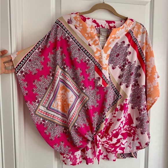 NWT Chico’s Flutter Sleeve Tie Front Top Multi Print Blouse Size 1 (US 8/10) - Picture 5 of 7